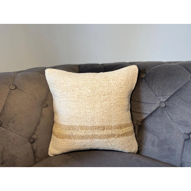 1990s Vintage Turkish Hemp Pillow, Natural Ivory Camel Band Cushion, Handwoven Anatolian Pillow With Insert, 16x16 In For Sale - Image 5 of 8