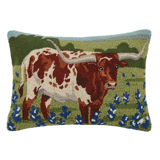 Longhorn in Blue Bonnets Field Hook Pillow