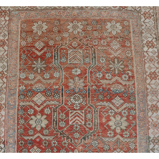 Terra Cotta Malayer Antique Runner in Gray Blue, Coral, and Cream With All-Over Design 3'4 X 14'7 For Sale - Image 8 of 11