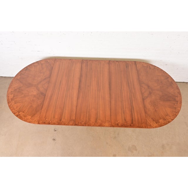 Mastercraft Italian Neoclassical Walnut and Burl Wood Parcel Gilt Pedestal Extension Dining Table For Sale - Image 13 of 15