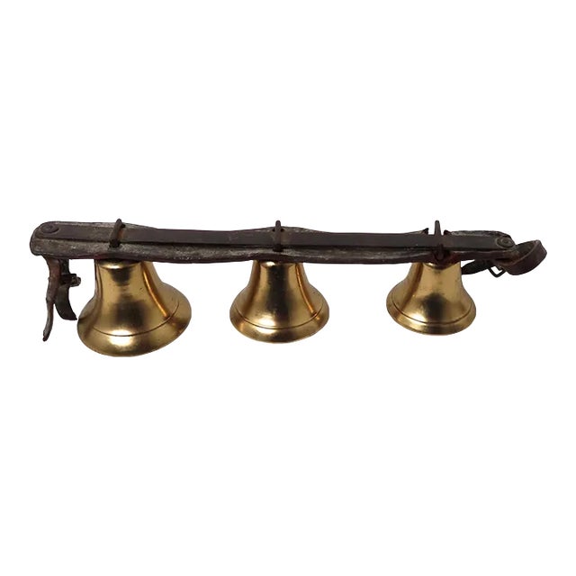 Nice Original Set of 3 Antique American Leather & Brass Horse Drawn Snow Sleigh & Buggy Bells For Sale