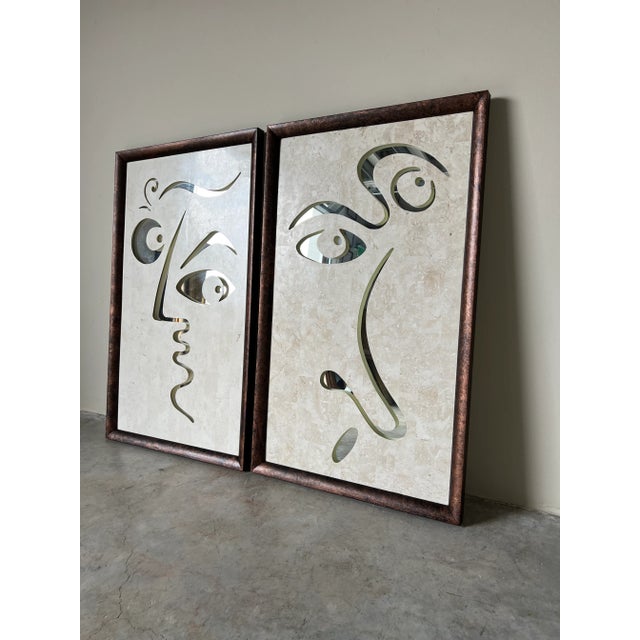 Available for sale this stunning pair of Vintage Modernist abstract wall sculptures made of carved tessellated stone by...