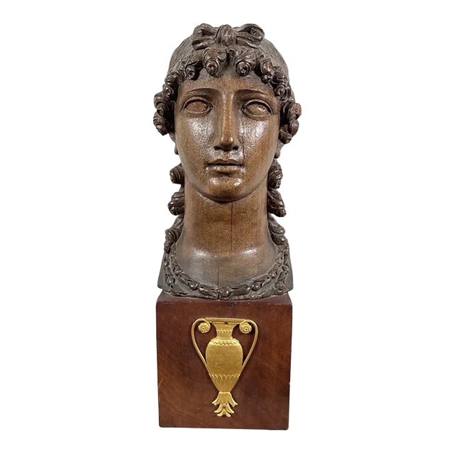 Antique Carved Wood Head Young Woman Figure 18th Century French Greco-Roman Lady For Sale