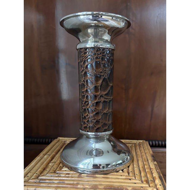 Vintage 8” Leather and Silverplate Ralph Lauren Style Candleholder For Sale In Los Angeles - Image 6 of 18