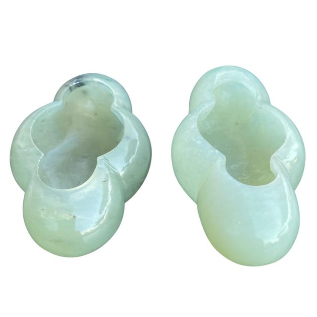 A beautiful pair of Chinese carved hardstone brush washers. Jade colored, possibly serpentine. One is slightly darker in...