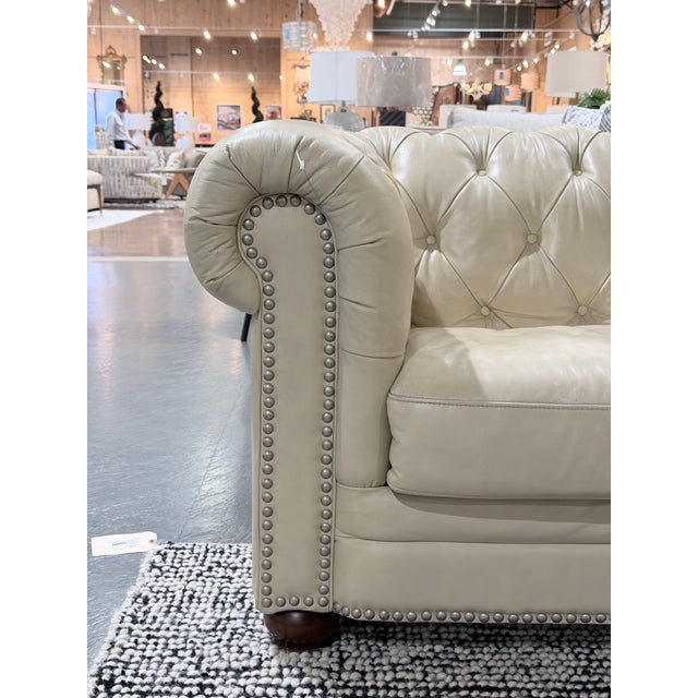 Ivory Top-Grain Leather Chesterfield Sectional Sofa With Deep Button Tufting & Nailhead Trim For Sale - Image 4 of 11