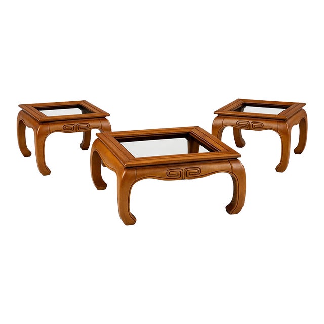 3-Piece Ming-Style Coffee & Side Table Set, 1970s Hollywood Regency Chinoiserie, Glass Tops, Sculptural Legs For Sale