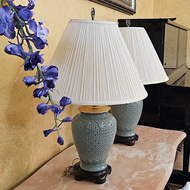 Late 20th Century Reticulated Celadon Chinoiserie Porcelain Table Lamps With Pleated Shades - 29" - a Pair For Sale - Image 16 of 18