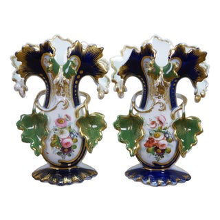 Pair Antique Old Paris Hand Painted Cobalt Blue Gilt Gold Floral Porcelain Vases For Sale