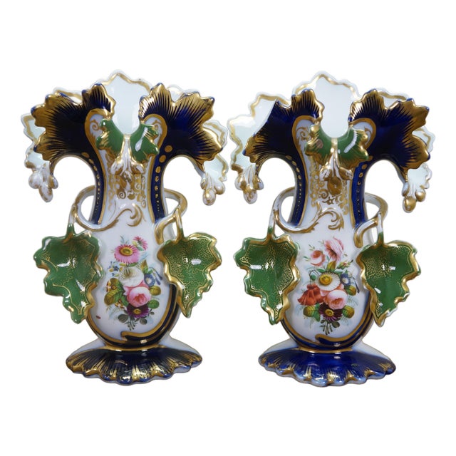 Pair Antique Old Paris Hand Painted Cobalt Blue Gilt Gold Floral Porcelain Vases For Sale