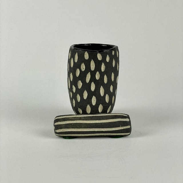 1990s 1990s Unusual Oval Shaped Pottery Vase With Geometric Forms in B/W Dots & Stripes Pattern For Sale - Image 5 of 9