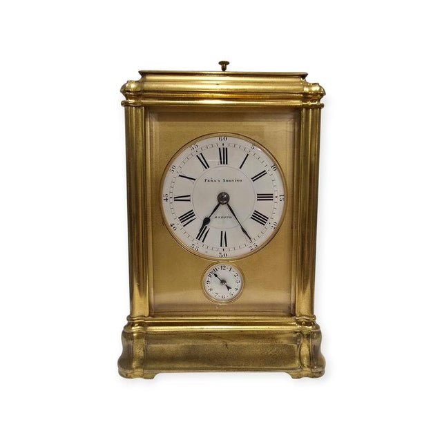 Antique Spanish Gilt Bronze Carriage Clock by Peña Y Sobrino, 1890 For Sale - Image 3 of 12