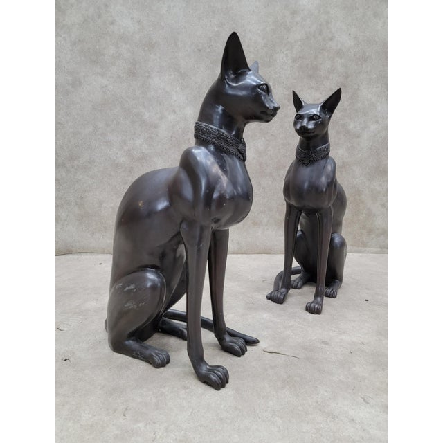 Art Deco Vintage French Art Deco Style Bronze Egyptian Revival Cat Guardian Statues, Signed A. Tiot- Pair For Sale - Image 3 of 10