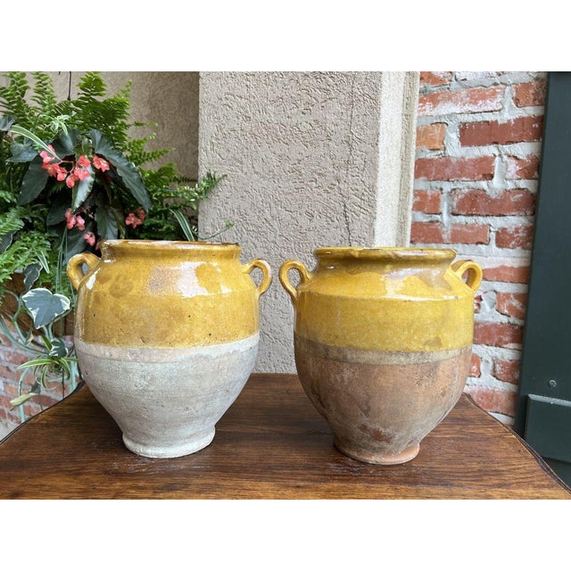 Pair Antique Provincial French Yellow Glazed Pottery Confit Pot Urn Vase Vessel For Sale - Image 4 of 13