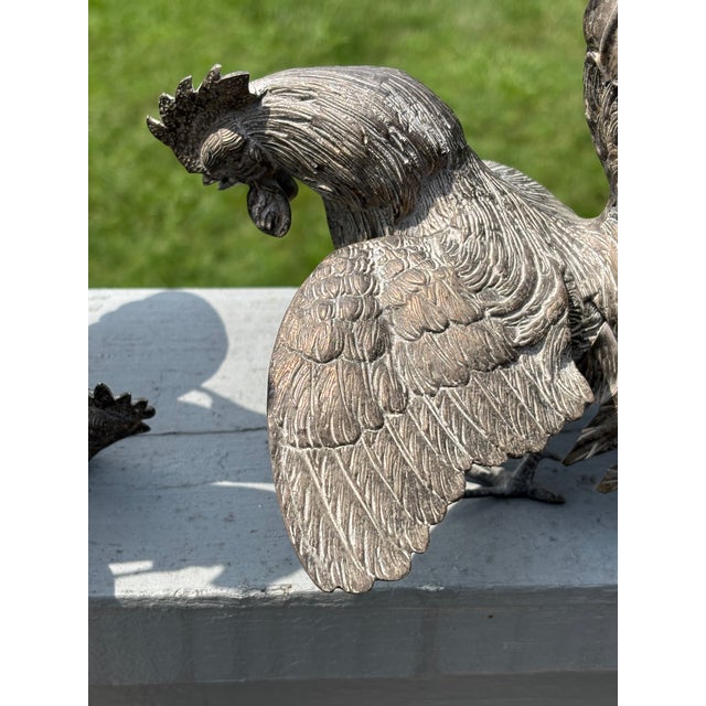Silver Fighting Cocks - A Pair of Highly-Detailed Mid-20th C. Silver Metal Roosters For Sale - Image 8 of 9