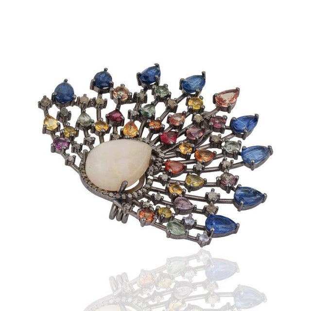 Celestial Fan Brooch Pendant With Opal, Sapphires & Diamonds For Sale - Image 4 of 12