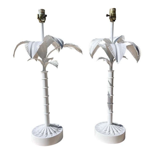 Vintage Tole Painted Metal Palm Tree Form Table Lamps, a Pair For Sale