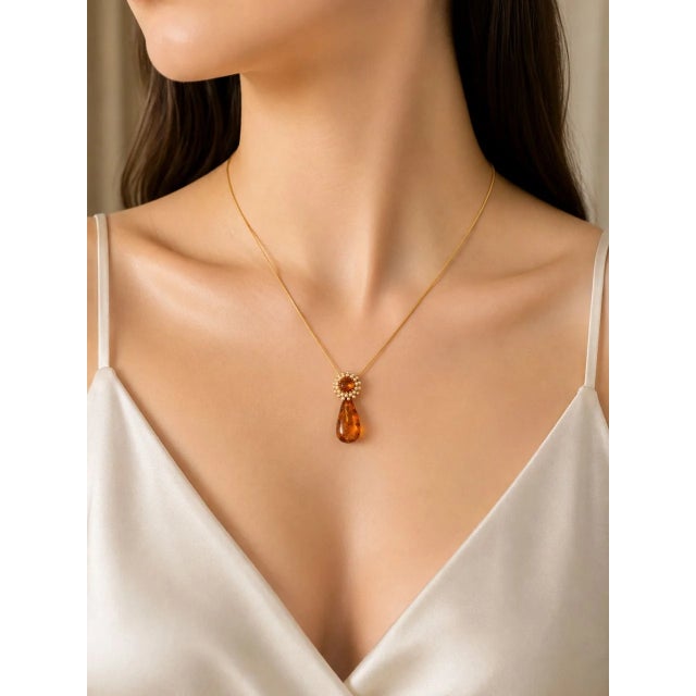 Traditional Late 20th Century 14K Rose Gold Amber Orange Citrine Seed Pearl Pendant Necklace For Sale - Image 3 of 3