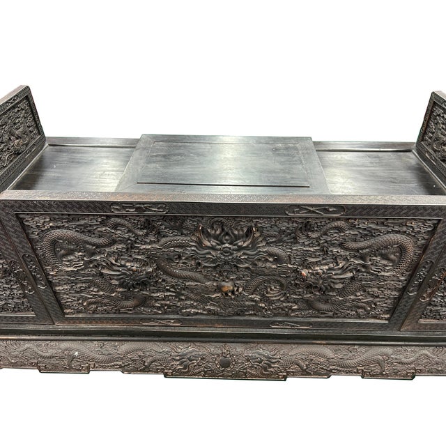 Oriental Dragon Relief Motif Solid Dense Tan Wood Luohan Daybed For Sale - Image 15 of 16