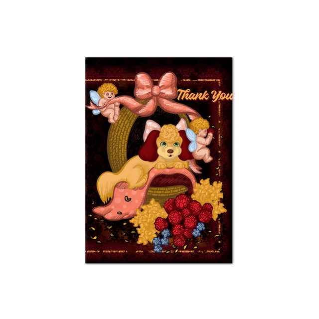 "Dog in Basket" is a thank you card with a Cavalier King Charles Spaniel sitting in a woven basket as baby angels fly...
