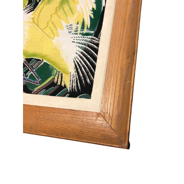 Restored Vintage 1949 Rattan Framed Crane Barkcloth Fabric Sample by Spectrum For Sale In Los Angeles - Image 6 of 7