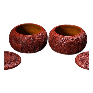 Late 20th Century Pair of Carved Cinnabar Lacquer Lidded Jars With Kirin Relief, Go Stone Canisters For Sale