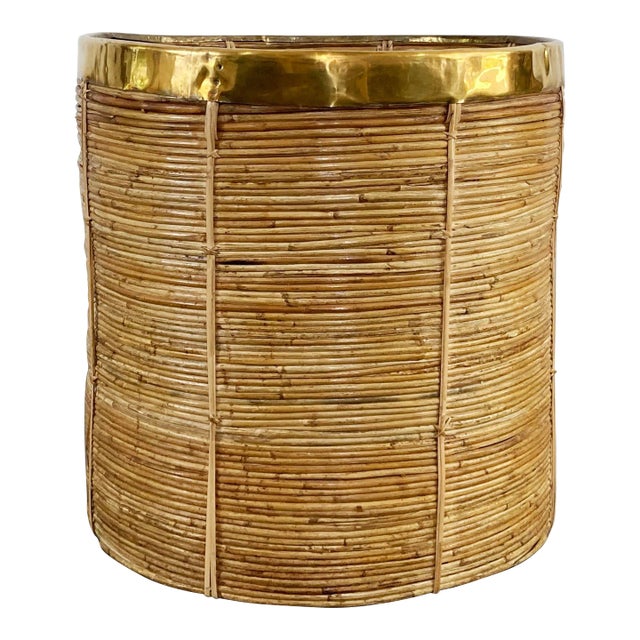 Vintage Oversized Gabriella Crespi Style Coiled Rattan Basket With Brass Trim For Sale