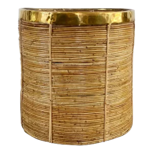 Vintage Oversized Gabriella Crespi Style Coiled Rattan Basket With Brass Trim