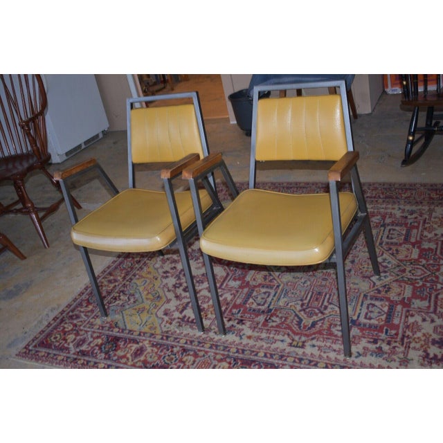 Beautiful! Tri Par MFG Co, Chicago Pair of Mid Century Office Chairs Yellow Upholstered Wood arms, metal frame H: 32 1/2"...