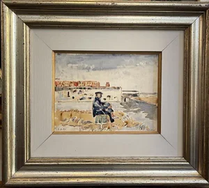 Tamburi, Old Man By The Sea, 1900s, Watercolor on Canvas, Framed