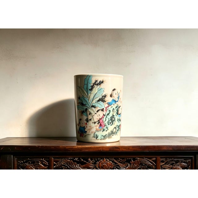 Chinese Ceramic Pot,Tongzhi Marked Famille Rose Porcelain Brush Pot Hand Painted Playing Children Pattern For Sale - Image 4 of 10