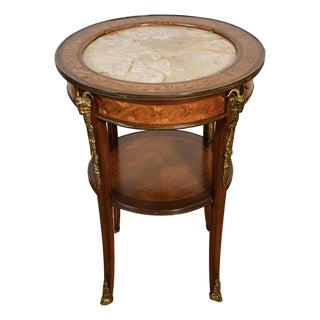 1900s Antique French Walnut & Satinwood Inlay Marble Top Side Table / End Table For Sale