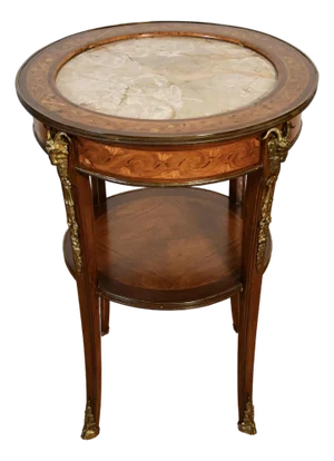1900s Antique French Walnut & Satinwood Inlay Marble Top Side Table / End Table