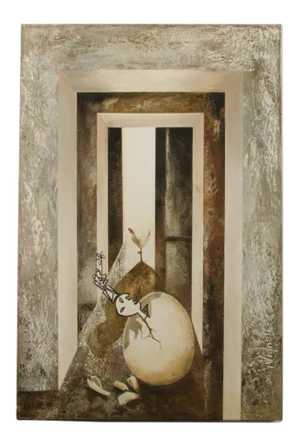 "Chicken or the Egg" Surrealist Oil Painting by Fernando Vignoli (Late 20th C.)