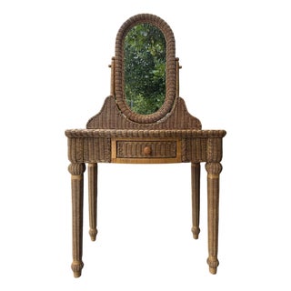 Vintage Wicker & Rattan Vanity Table With Oval Mirror and Drawer For Sale