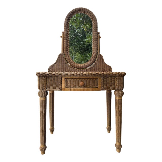 Vintage Wicker & Rattan Vanity Table With Oval Mirror and Drawer For Sale