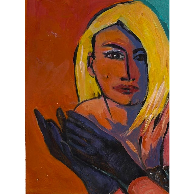 Contemporary Expressionistic Female Portrait in Bright Colors 16x20 Titled “Woman With Black Gloves’’ With Bright Fauvist Colors For Sale - Image 4 of 4