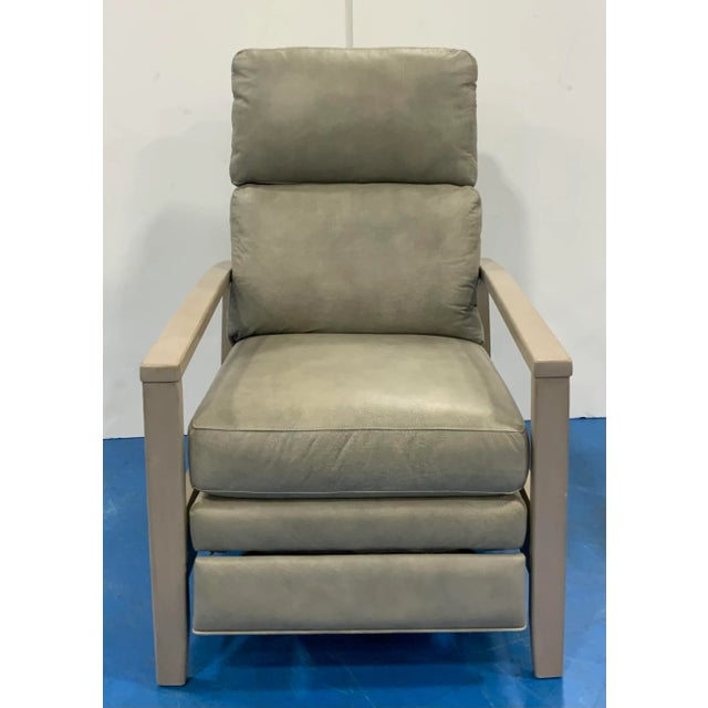 Stylish Modern Gray Leather Recliner, beige wood frame, showroom floor sample