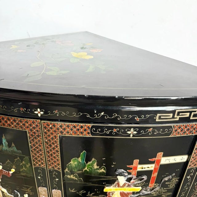Black Chinese Black Lacquered and Hand Painted Demi Lune Cabinet For Sale - Image 8 of 10