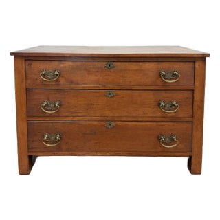 Antique Three Drawer Wood Commode Chest With Brass Hardware For Sale