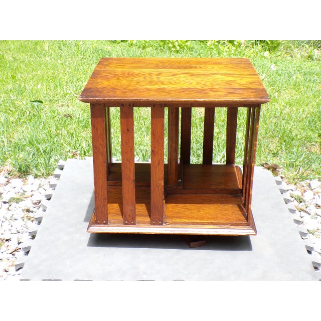 Wood Antique Mission Era Solid Oak Desktop Revolving Bookcase For Sale - Image 7 of 16