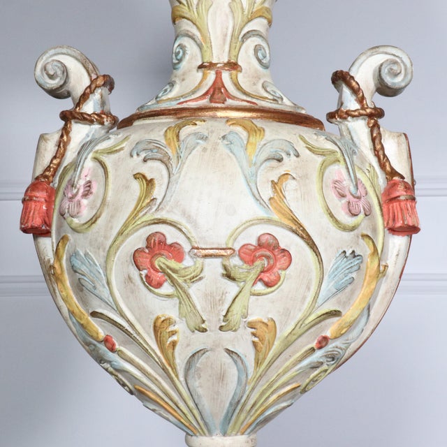 Wood Venetian Carved Polychrome & Giltwood Tasseled Urn Lamp For Sale - Image 7 of 10