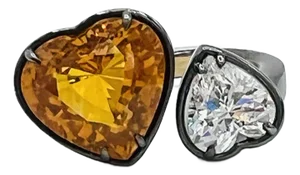 Gia Orange Sapphire Heart & Diamond Ring in 18k Yellow Gold & Black Rhodium, Size 6.5