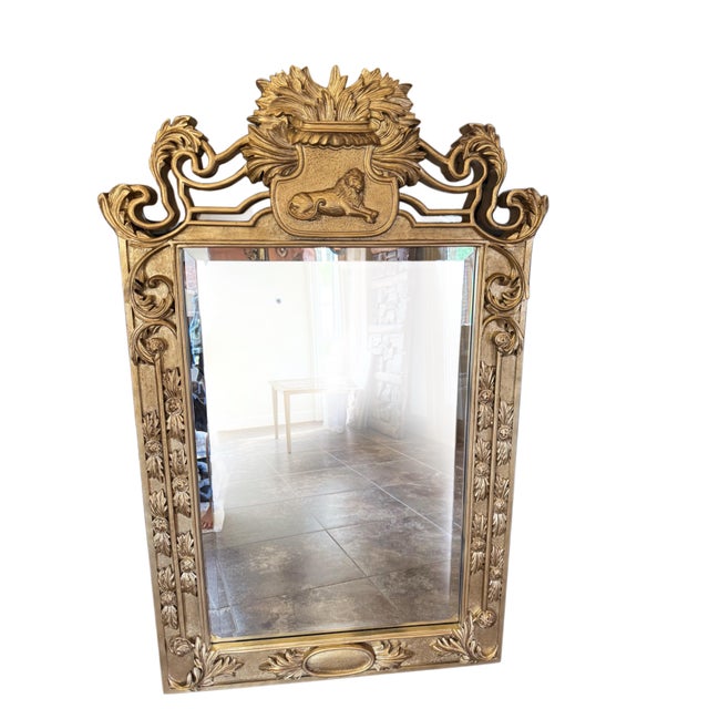 Mid 20th Century Large Baroque-Style Gilt Carved Lion Crest Mirror, 52” X 34” For Sale - Image 5 of 11