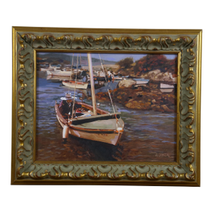 Late 20th Century Herder Coastal Seascape Sailboat Harbor Oil Painting on Canvas 19", Framed