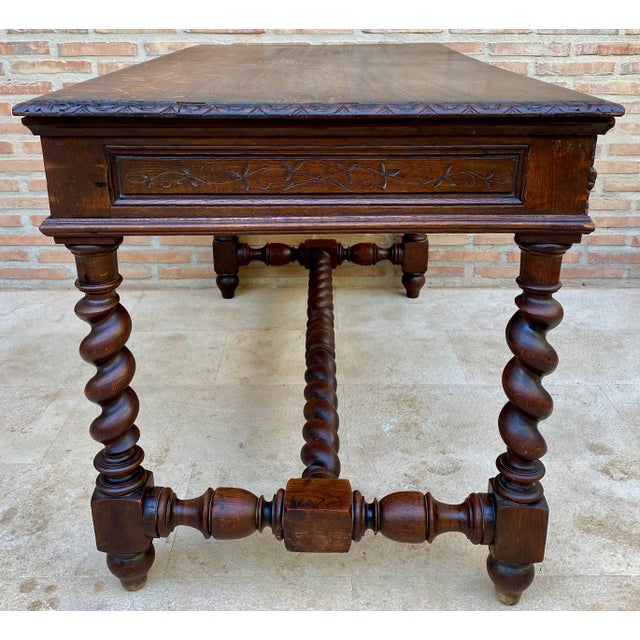 French Carved Wood Writing Table With Barley Twist Legs, Mid-20th Century For Sale - Image 11 of 17