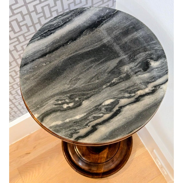 Vintage Baluster Turned Wood Pedestal Accent Table With Gray Marble Top For Sale - Image 9 of 10