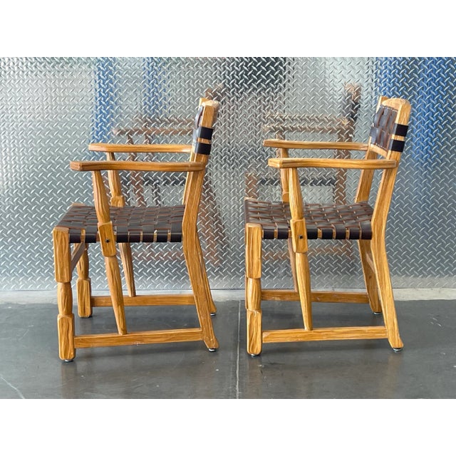 Ranch Oak Vintage Mid-Century Ranch Oak Leather Strapped Arm Chairs - A Pair For Sale - Image 4 of 11