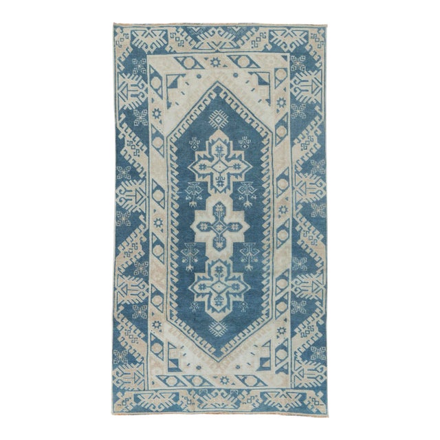 Vintage Circa 1940 Blue Turkish Oushak Hand Knotted Wool Rug 3'2 X 5'7 For Sale