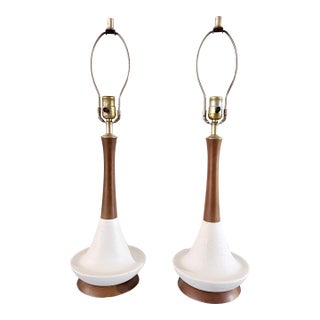 1960s Pair of Vintage MCM Ceramic + Walnut Lamps For Sale
